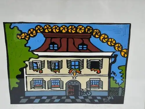 H391-Original-Linolschnitt-Bild-Gemälde-Haus-