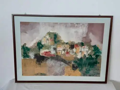 H1286-Aquarell-Landschaftsbild-Abstrakt-gerahmt-signiert-Passepartout-