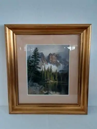 H1038-Aquarell-Landschaftsbild-Karersee-Dolomiten-signiert-gerahmt-hinter Glas