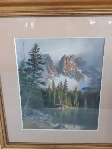 H1038-Aquarell-Landschaftsbild-Karersee-Dolomiten-signiert-gerahmt-hinter Glas