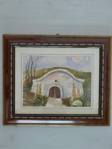 H307-Bild-Gemälde-der Weinkeller-Aquarell-gerahmt-signiert-Passepartout-