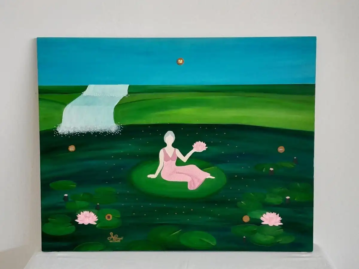 H685-Gemälde-Bild-Mischtechnik-Frau mit Wasserlilien-signiert- 0