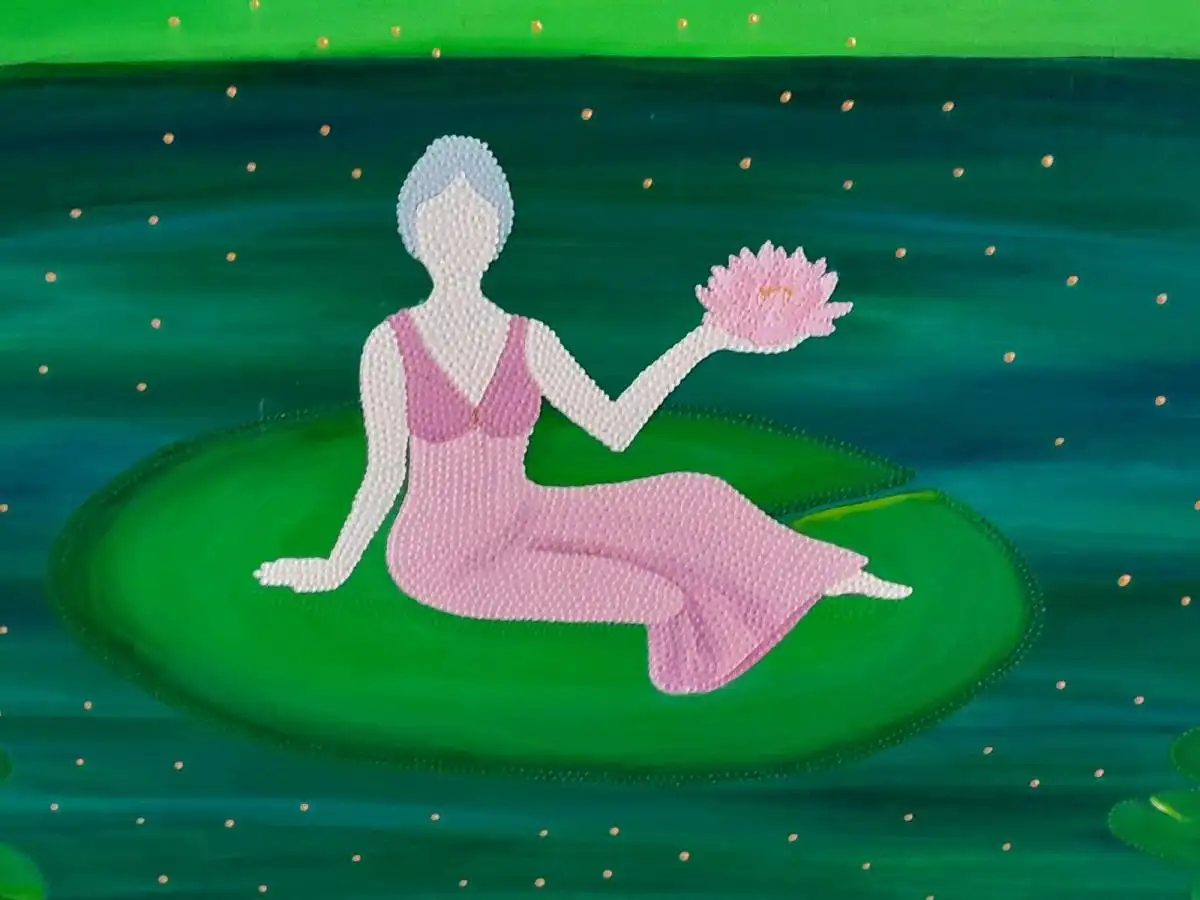 H685-Gemälde-Bild-Mischtechnik-Frau mit Wasserlilien-signiert- 1
