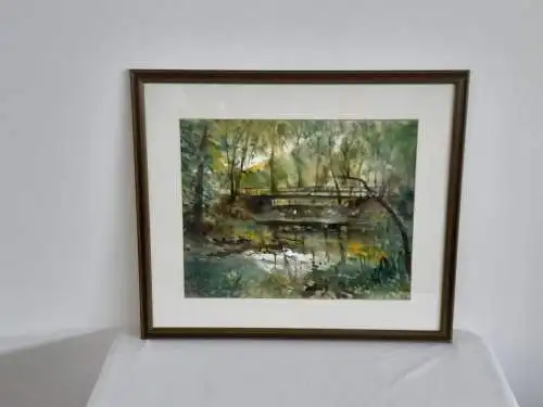 H691-Landschaftsbild-Aquarell-Natur-Bild-Gemälde-gerahmt-signiert-Passepartout-