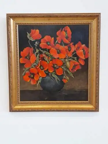 H925-Stillleben-Öl auf Leinen-Mohnblumen-Bild-Gemälde-gerahmt-Blumenvase-Ölbild-
