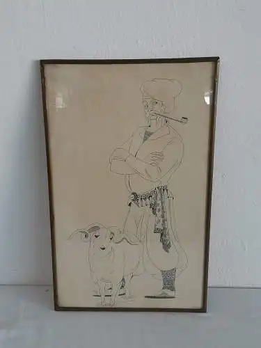 H889-Tuschezeichnung-Gemälde-Bild-gerahmt-hinter Glas-datiert-Mann mit Schaf-
