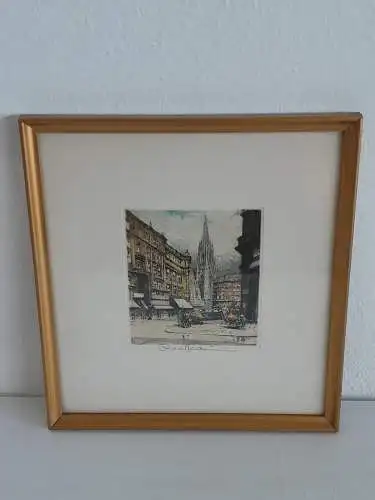 H867-Farbradierung-Stephansdom-Gemälde-Bild-Passepartout-hinter Glas-gerahmt-