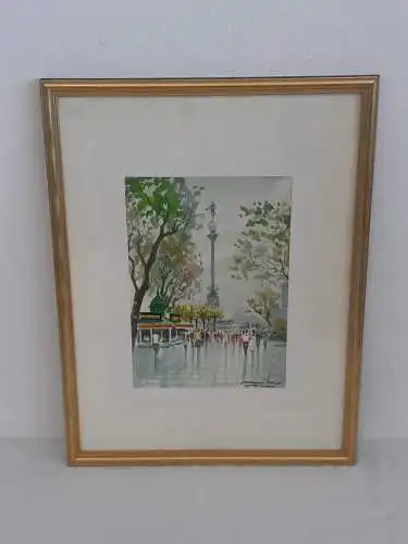 H1008-Aquarell-Stadtbild-Gemälde-Passepartout-signiert-gerahmt-Bild-Malerei