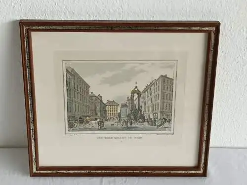 H424-Stadtbild-Gemälde-Bild-Farbradierung-Hoher Markt in Wien-Passepartout-