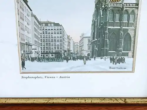 H422-Stadtbild-Gemälde-Farbdruck-Bild-Stephansplatz-Wien-Druck-gerahmt-signiert-