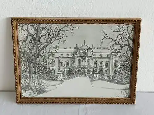 H421-Stadtbild-Gemälde-Bild-Bleistift-Tusche-Schloss im Schwechater Park-gerahmt
