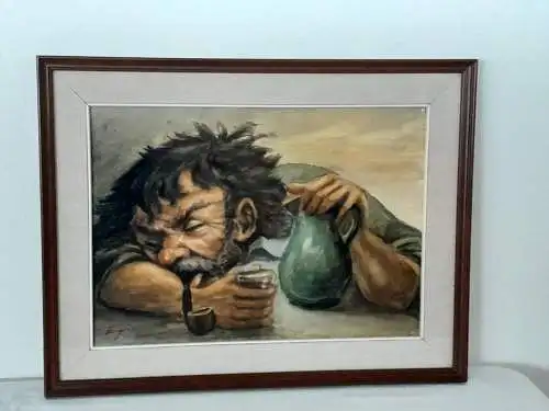 H1195-Aquarell-Bild-Gemälde-hinter Glas-Passepartout-gerahmt-signiert-