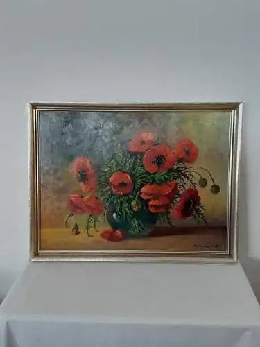 H1209-Stillleben-Ölbild-Öl auf Holz-Mohnblumen in der Vase-signiert-gerahmt-Bild