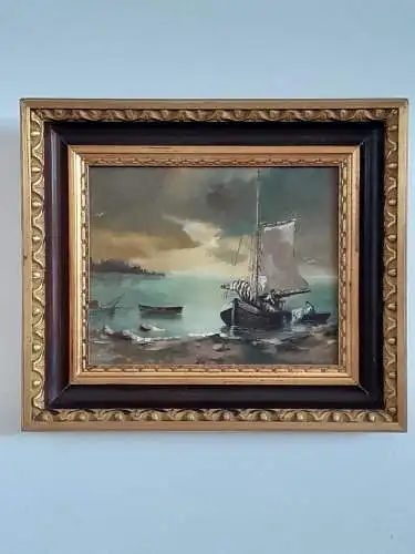 H1140-Ölbild-Öl auf Holz-Ölgemälde-Boot an der Küste-signiert-gerahmt-Bild-