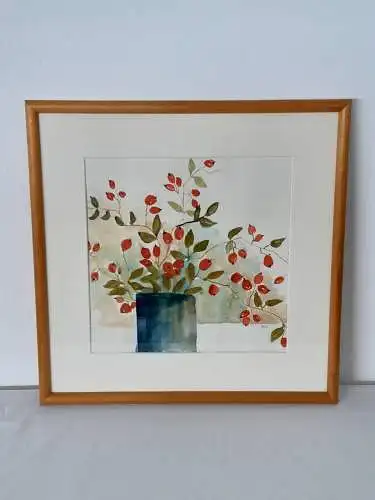 H1157-Aquarell-Bild-Gemälde-gerahmt-Passepartout-Monogrammiert-Blume-Malerei-