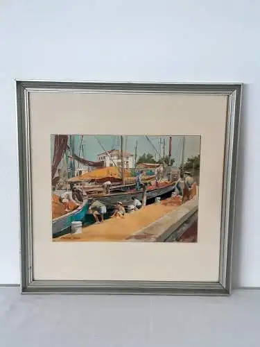 H1158-Gemälde-Bild-Der Hafen-Öl auf Karton-Ölbild-datiert-signiert-gerahmt