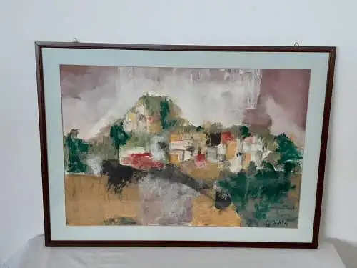 H1286-Aquarell-Landschaftsbild-Abstrakt-gerahmt-signiert-Passepartout-