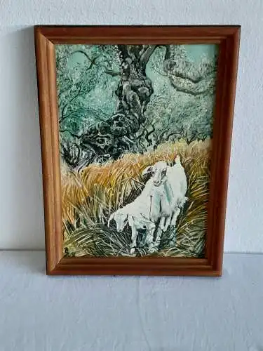 H470-Landschaftsbild-Gemälde-auf Holz-grasende Ziegen-monogrammiert-gerahmt-