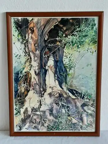 H466-Landschaftsbild-Gemälde-Aquarell auf Papier-Landschaftsgemälde-Bild-gerahmt