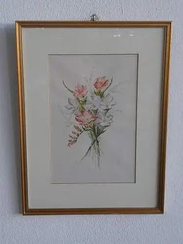 H476-Aquarell-Blumenstrauß-hinter Glas-Bild-Gemälde-auf Papier-Passepartout-