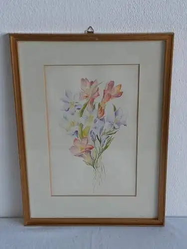 H475-Aquarell-Stillleben-Blumenstrauß-Passepartout-hinter Glas-auf Papier-Bild