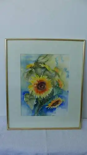 H74-Aquarell-Bild-Gemälde-Sonnenblume-gerahmt-Passepartout