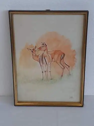 H754-Tierbild-Gemälde-Bild-Rehe-Rehbild-Mischtechnik-gerahmt-monogrammiert-