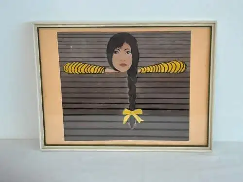 H753-Portrait-Frau-Gemälde-Bild-Passepartout-Mischtechnik-gerahmt-