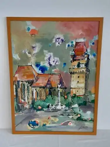 H750-Landschaftsbild-Perchtoldsdorf-Mischtechnik-Gemälde-Bild-gerahmt-signiert-