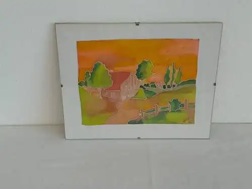 H744-Landschaftsbild-auf Stoff-Gemälde-Bild-hinter Glas-Monogrammiert-