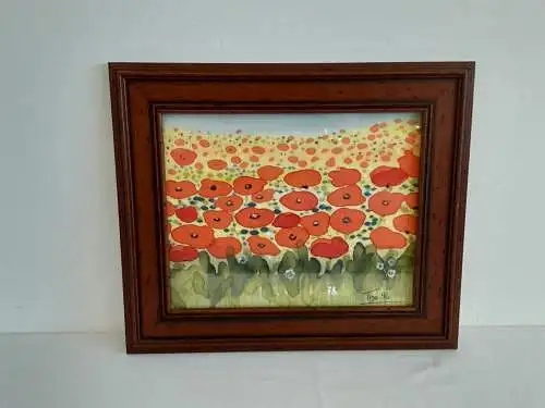 H741-Blumenbild-Mohnblumen-Seidenmalerei-Bild-Gemälde-signiert-datiert-gerahmt-