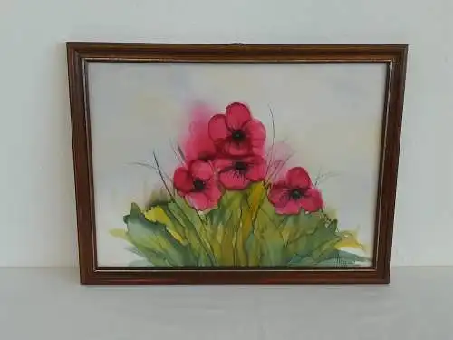 H738-Blumenbild-Seidenmalerei-Bild-Gemälde-Blumen-gerahmt-signiert-datiert-