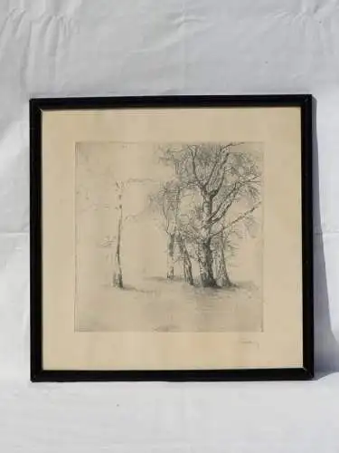 5714D-Tuschezeichnung-auf Karton-hinter Glas-Winterlanschaft- Bäume