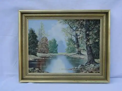 5804D-Bild-Ölgemälde-schönes Landschaftsölgemälde-"Waldsee im Herbst"-gerahmt-Bi