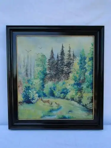 5644-Bild-Ölgemälde-"Waldlandschaft mit Rehen"-signiert-mit Rahmen-Ölbild-Gemäl 