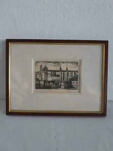 H841-Stadtbild-Kupferstich-Passepartout-hinter Glas-Gemälde-signiert-gerahmt