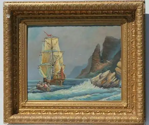 6009-Ölgemälde-Prunkrahmen-Segelschiff-gerahmt-Bild-Gemälde-Öl auf Holz-Ölbild-
