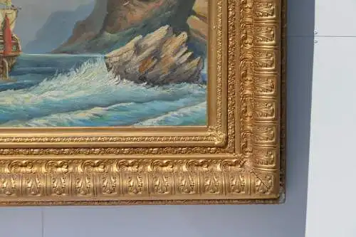 6009-Ölgemälde-Prunkrahmen-Segelschiff-gerahmt-Bild-Gemälde-Öl auf Holz-Ölbild-