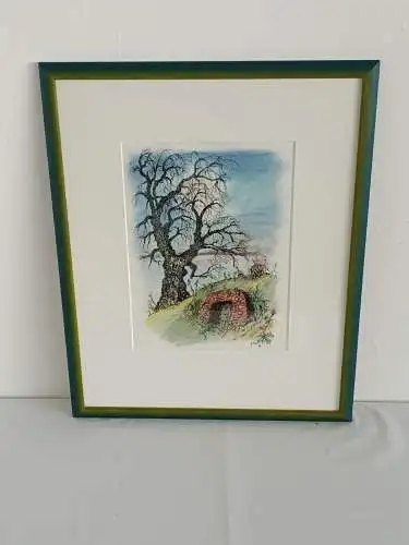 H980-Landschaftsbild-Mischtechnik-Bild-Gemälde-Passepartout-signiert-gerahmt-