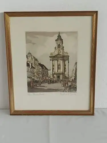 H968-Colorierte Radierung-Wien-Florianikirche-Bild-Gemälde-gerahmt-Passepartout-