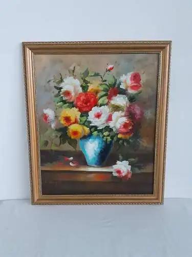 H958-Stillleben-Blumenbild-Öl auf Leinen-Gemälde-signiert-gerahmt-Ölbild-Bild-