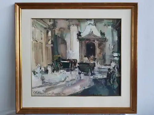 H337-Szenenbild-Gemälde-Bild-Fiaker-Mischtechnik-gerahmt-