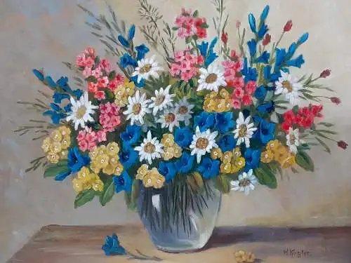 H628-Blumenbild-Öl auf Holz-Blumengemälde-Ölbild-Ölgemälde-signiert-gerahmt-