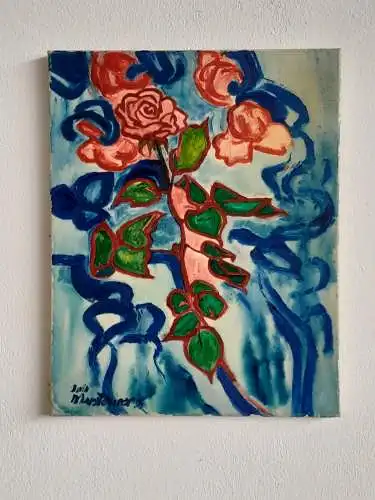 H589-Blumenbild-Öl auf Leinen-Rosenstock-Johann Marsteurer-signiert-Ölbild-