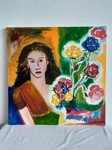 H587-Portrait-Öl auf Leinen-Ölbild-Johann Marsteurer-Gemälde-Frau-Blumen-Bild-