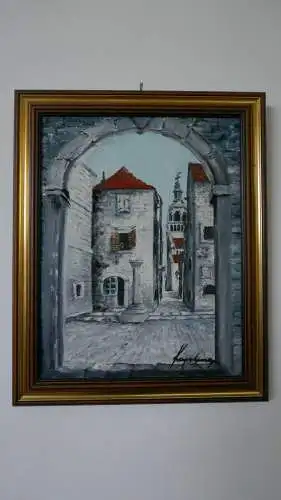 H24-Stadtbild-Ölgemälde-Öl auf Leinen-Ölbild-Gemälde-Bild-gerahmt