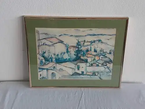 H563-Stadtbild-Gemälde-Aquarell-Bild-signiert-gerahmt-Passepartout-