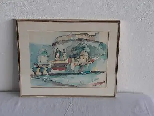 H561-Landschaftsbild-Aquarell-Bild-Landschaftsgemälde-Passepartout-gerahmt-