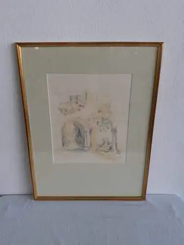 H549-Aquarell-Landschaftsbild-Gemälde-Bild-Passepartout-hinter Glas-