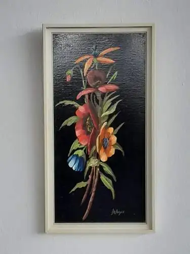 H537-Blumenbild-Gemälde-Öl auf Holz-Bild-gerahmt-monogrammiert-Blumen-